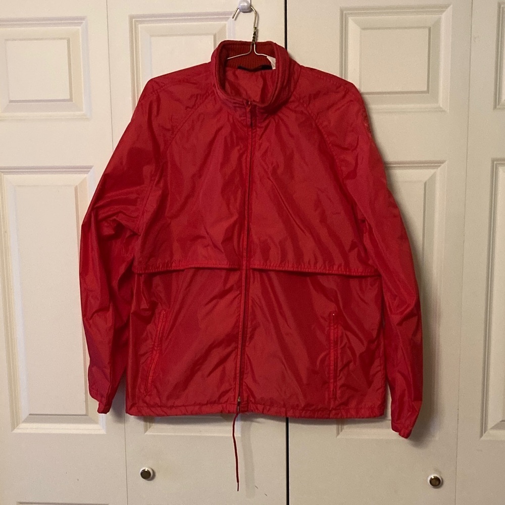 Woolrich mens packable hooded windbreaker jacket size large red vintage vented
